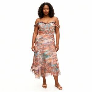 Komarov Womens V-Neck Off The Shoulder Abstract Print Midi Dress Artsy Size XL